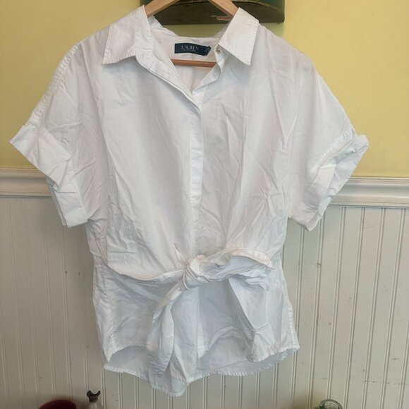 Lauren Ralph Lauren White Short Sleeve Button-Up Shirt With Tie Waist XL - Picture 1 of 7